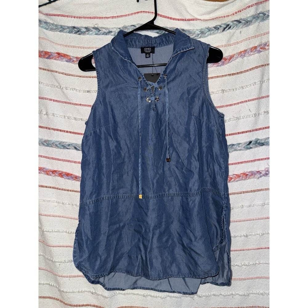 Jones New York Tunic Top Womens Medium Blue Sleeveless Slit Lace‎ Up Front